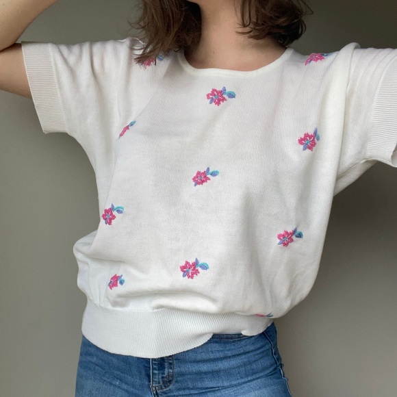 80’s floral embroidery knit top / large - Picture 5 of 10